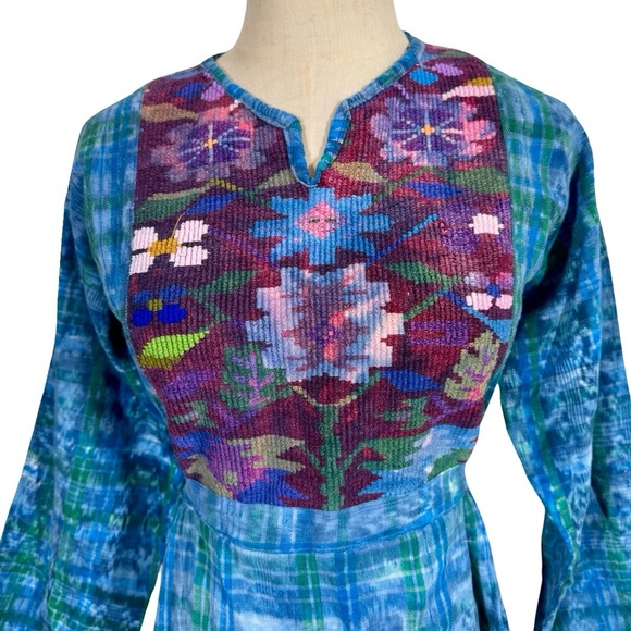 Handmade Vintage 80s Guatemalan Ikat Maxi Dress Embroidered Huipil Panel - Picture 3 of 9